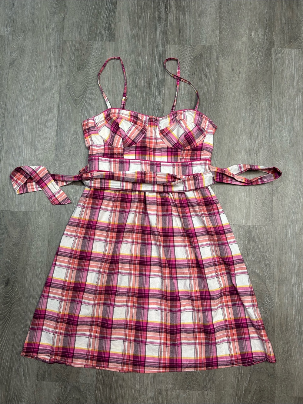 Heart Soul Pink plaid mini dress with padding and a tie back Sz M